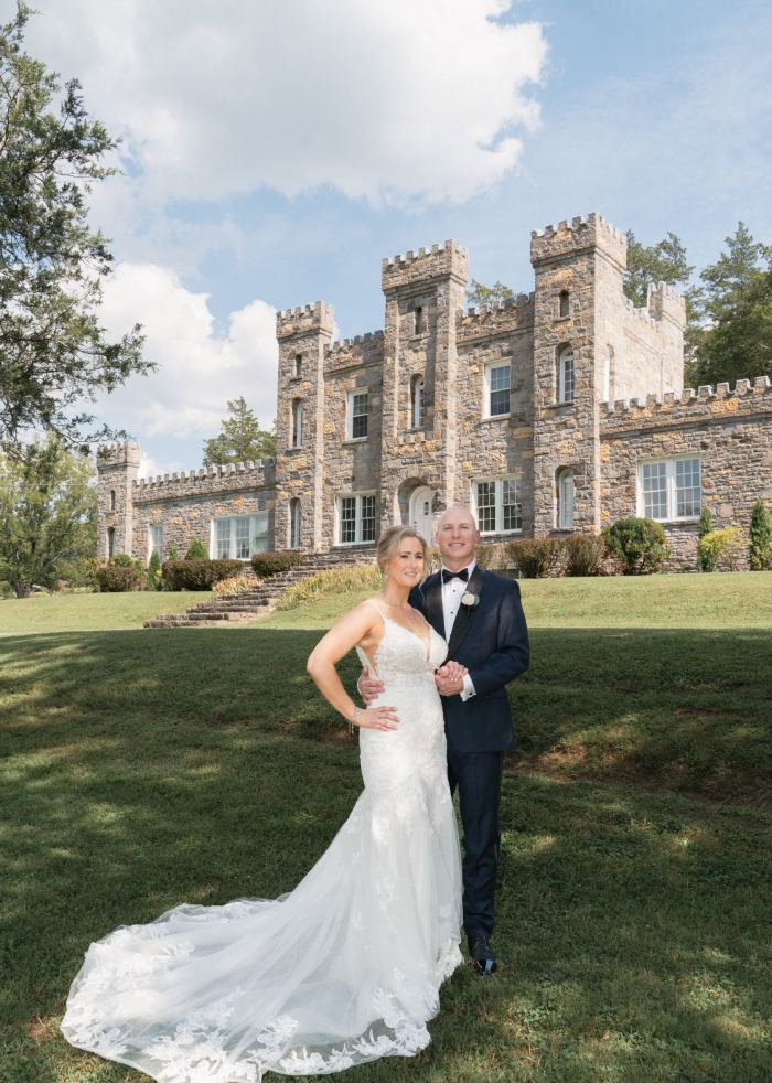 Couple dance in front of a castle estate near Nashville