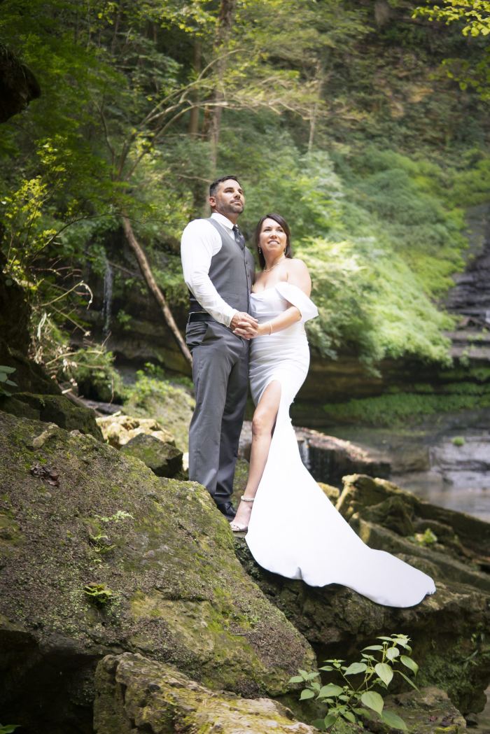Couple by a garden pond at a Nashville estate