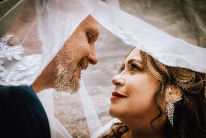 Emotional bride beneath her veil at a Nashville elopement